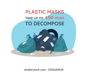 Plastic masks 2D vector web banner, poster. Covid natural disaster. Dealing with pandemic trash. Corona results flat objects on cartoon background. Virus printable patch, colorful web element
