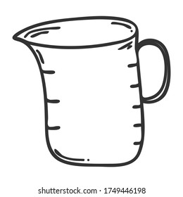 Plastic measuring Cup. Doodle style. Kitchen utensils. Design element for decorating menu, recipes, and food packaging. Hand drawn and isolated on white. Black-white vector illustration.