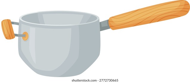 A plastic measuring cup with a wooden handle and a plastic spout