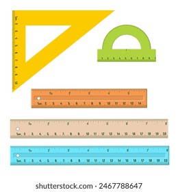 Plastic measuring rulers set. Protractor, triangle, measuring rulers of different sizes. Tools for education and work. Stationery and office supply. Vector illustration in flat style