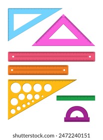 Plastic measuring rulers set. Protractor, triangle, measuring rulers of different sizes. Tools for education and work. Stationery and office supply. Vector illustration in flat style