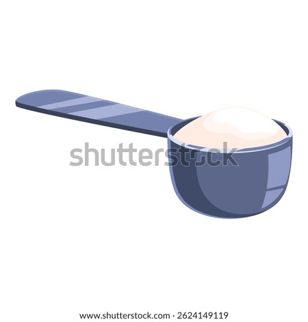 Plastic measuring scoop containing protein powder, ideal for fitness nutrition and supplementation