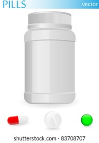Plastic medical container and pills. Vector.