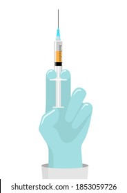 Plastic medical injection syringe with liquid drug. Vaccination equipment with needle in hand. Doctor’s hand in glove Holding medical syringe injector. Preparing immunization vaccine concept. Vector. 