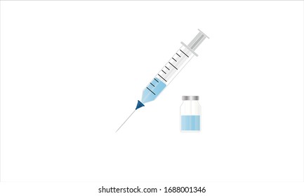 Plastic medical syringe icon with needle and medicine bottle in flat style. Concept of vaccination, injection, diabetes. isolated vector illustration