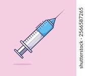 Plastic medical syringe with sterile needle in flat cartoon style vector icon or symbol illustration