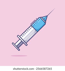 Plastic medical syringe with sterile needle in flat cartoon style vector icon or symbol illustration