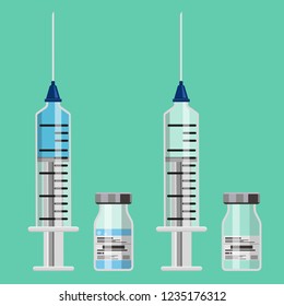 Plastic medical syringe with vaccine and empty syringe with vial. flat style icon. concept of vaccination, injection. isolated vector illustration