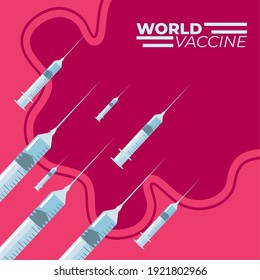 plastic medical syringes with needle, world vaccine vector illustration