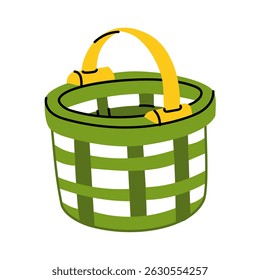 Plastic mesh basket, insulated green. An item for harvesting. Gardening tools. Suitable for ecology, gardening, cleaning, household, packaging design, instructions, educational, infographic materials