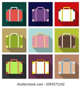 Plastic, metal, leather suitcase bag. Travel suitcase, journey package, business travel bag, trip luggage.