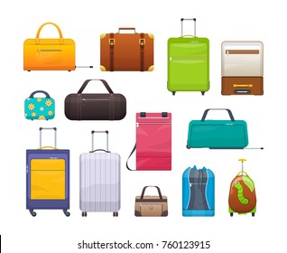 Plastic, metal, leather suitcases and bags. Travel suitcase, journey package, business travel bag, trip luggage. Collection different bags, heap of baggage, suitcases, luggage Vector illustration