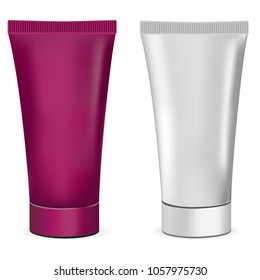 Plastic or metal realistic 3d cream tubes. White and color cosmetic mockup set for paint, paste, glue, cream. Vector illustration.