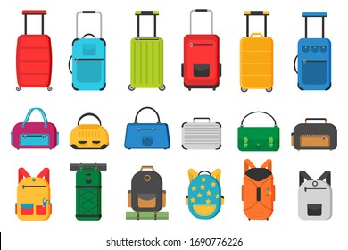 Plastic, metal suitcases, backpacks, bags for luggage. Different types of luggage. Large and small suitcase, hand luggage, backpack, box, handbag. Vector illustration, EPS 10.