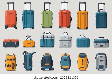 Plastic, metal suitcases, backpacks, bags for luggage. Different types of luggage. Large and small suitcase, hand luggage, backpack, box, handbag. Vector illustration, EPS 10.
