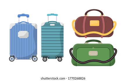 Plastic, metal suitcases, backpacks, luggage for journey vacation tourism shopping. Different types of baggage. Large and small suitcase, hand luggage, carrying animals, box, handbag. Vector.