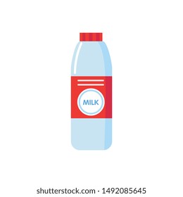Plastic milk bottle drawing isolated on white background, dairy drink packaging with red label and cap drawn in flat cartoon style, healthy beverage option vector illustration