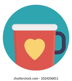 A plastic milk cup in red color with a yellow heart on it, flat vector icon 