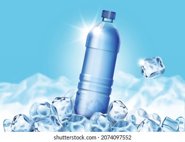 Plastic mineral water bottle on blue background with ice cubes and mountains. Drinking water ad  Vector 3d.