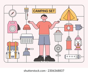 Modelo de plástico concepto de equipo de camping y juegos de camper.