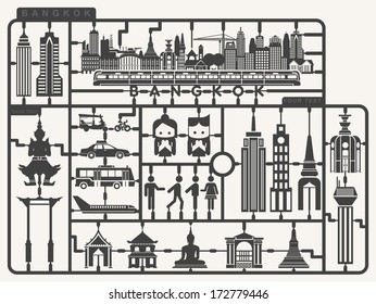 Plastic model kits required set of Bangkok city,  Silhouettes city model kit with sign, Vector illustration