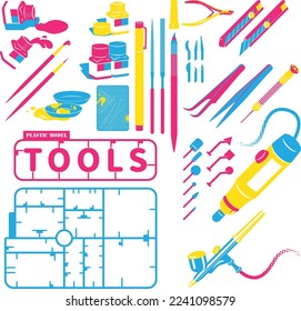 Plastic model toy tools and empty mold set. Handicraft tools. Primary colors pop art style. Vector illustration. 