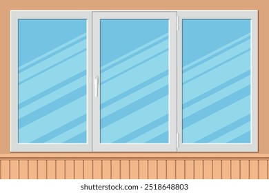 Ventana abatible triple moderna de plástico en estilo plano. Ventana cerrada en la pared de madera. Ilustración vectorial