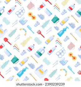 Plastic objects separation seamless pattern with bottle, canister, plate, fork, bag, polyethylene, packaging, tableware. Ornate for printing on fabric, wrapping and packaging. Vector isolated on white
