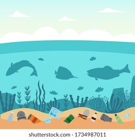 Plastic ocean pollution concept with trash and fish silhouettes in the sea, flat vector illustration.