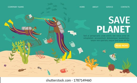 Plastic ocean pollution, save sea planet website vector illustration. Ecology garbage bottle, people underwater protection. Cartoon water waste, nature conservation damage at coast banner.