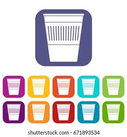 Plastic office waste bin icons set vector illustration in flat style In colors red, blue, green and other