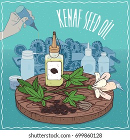 Plastic Oil Can of Kenaf seed oil and flower and seeds of Hibiscus cannabinus plant. Hand lubrication mechanism. Natural vegetable oil used as grease lubricant. Vector illustration