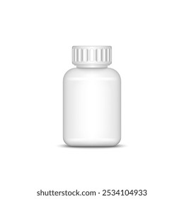 Plastic undurchsichtige weiße Tablette Flasche leere Mockup einzeln auf weißem Hintergrund mit einer sicheren Schraube gerippten Abdeckung realistische 3D-Vektorobjekt, geeignet für Medizin, Vitamine und Gesundheitsprodukte.