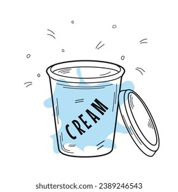 Plastic open jar of sour cream. Dairy food. Vector illustration in hand drawn doodle style. Nutrition concept. Kitchen image. Illustration for a cookbook.
