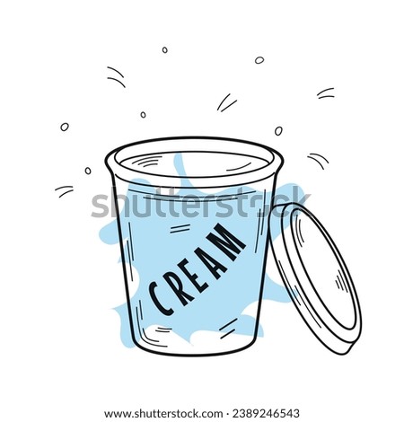 Plastic open jar of sour cream. Dairy food. Vector illustration in hand drawn doodle style. Nutrition concept. Kitchen image. Illustration for a cookbook.