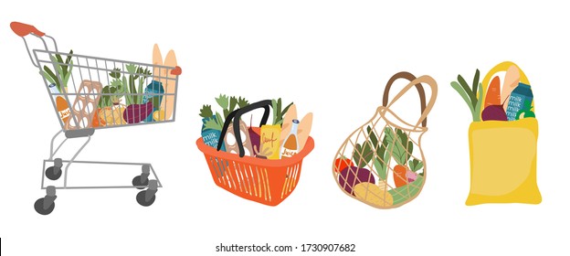 Plastic orange basket, shopping cart, eco bag, plastic bag full of food, fruit, products and grocery goods. Natural food, organic fruits and vegetable. Department store goods. flat vector set