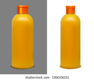 Plastic orange bottle for juice, shampoo and water.