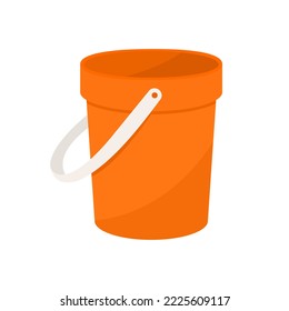 Plastic orange bucket for household cleaning and home washing. Plastic bucket, pail and container with handle, household equipment. Isolated vector cartoon illustration.