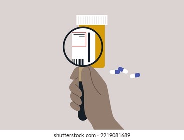 Ein orangefarbener Plastikbehälter für verschreibungspflichtige Arzneimittel mit weißen und blauen Tabletten, ein Vergrößerungsglas, das auf dem Etikett heranzoomiert