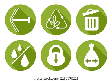 Plastic pack icons set - puncture and leak resistance, high capacity, big size, recyclable or reusable. Green pictograms set with long shadows