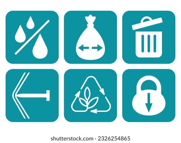 Plastic pack icons set - puncture and leak resistance, high capacity, big size, recyclable or reusable. Green pictograms set in square shape