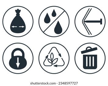 Plastic pack icons set - puncture and leak resistance, high capacity, big size, recyclable or reusable. Flat pictograms set