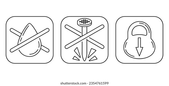 Plastic pack icons set - puncture and leak resistance, high capacity, big size. Pictograms in thin line