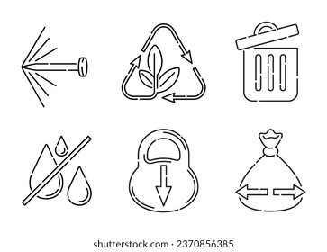 Plastic pack icons set in thin discontinuous line - puncture and leak resistance, high capacity, big size, recyclable or reusable