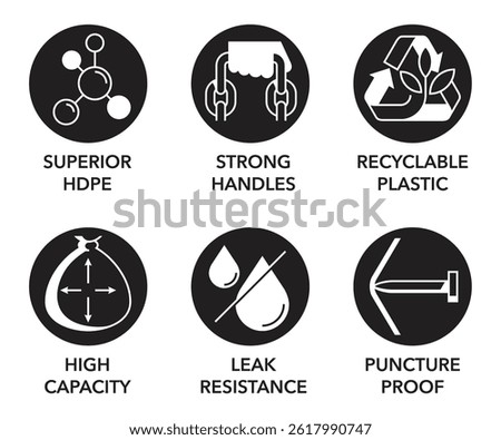 Plastic pack properties icons set - Superior HDPE, Strong handles, Recyclable. High capacity, Leak resistance, Puncture proof. Pictograms for labeling in monochrome style and circular shape