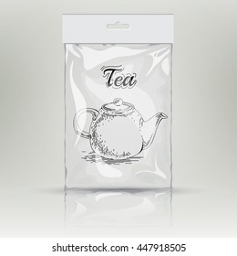 Plastic pack template for your design and branding. Foil pack on grey background. tea bag hand drawn illustration