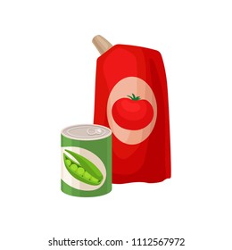 Plastic pack of tomato ketchup and tin can of green pea. Supermarket products. Flat vector elements for promo banner of grocery store