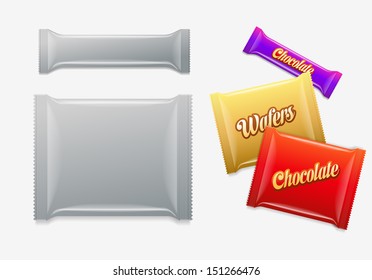 Plastic Package. Chocolate, wafers, sweets or candy pack. 
Easy editable. Elements are layered separately. Just select "your work->Make Clipping mask" layer and change. Ideal for design presentations.