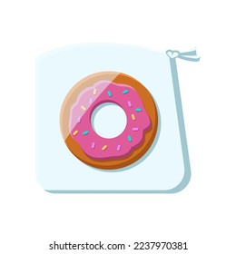 Plastic package with doughnut vector illustration. Sweet snack product for vending machine isolated on white background. Junk food, beverage, lunch concept.