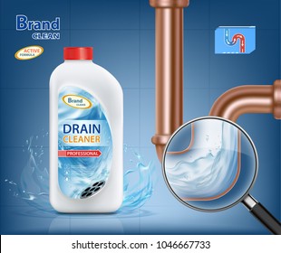 Plastic package with drain cleaner. Detergent bottle and pipe with siphon. Mockup container with label design. Stock vector illustration.